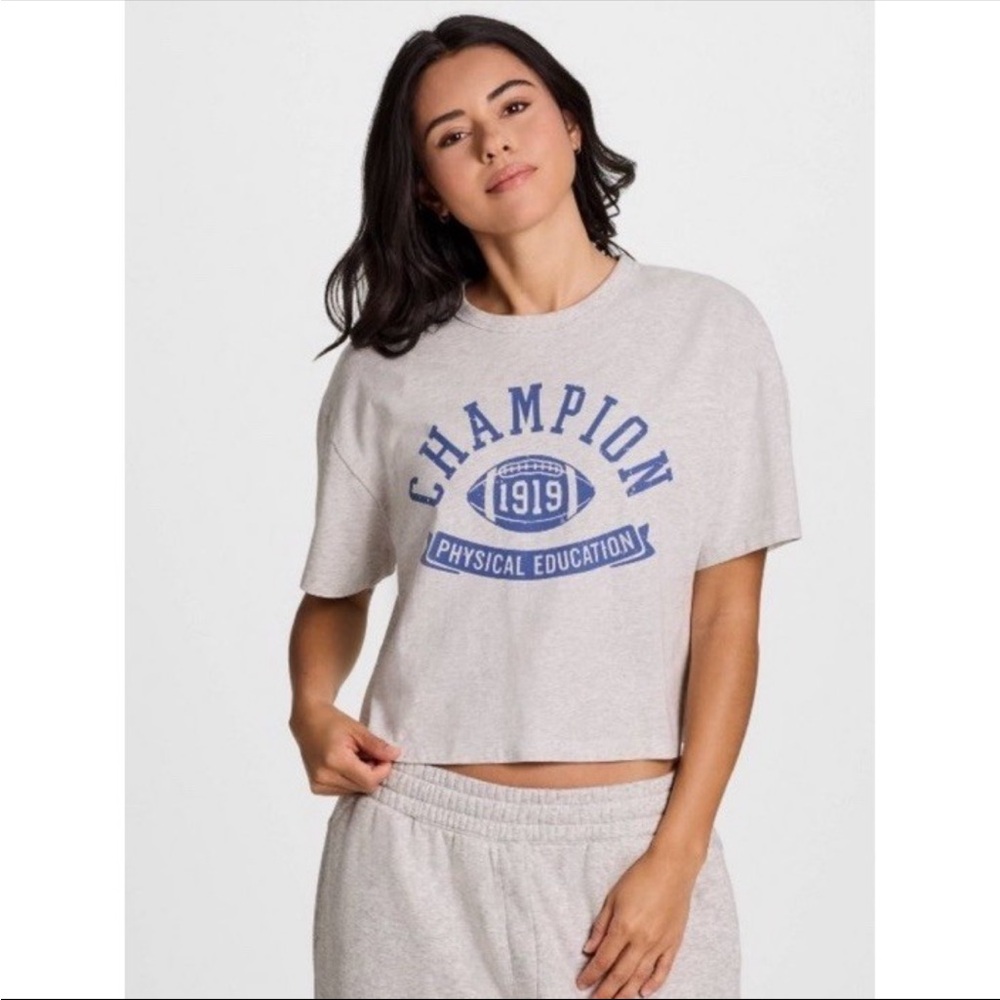 Champion Heather Oatmeal Crewneck Tee and Joggers with Blue Logo